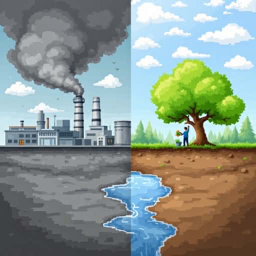 Pixel art split showing industrial pollution vs healthy nature